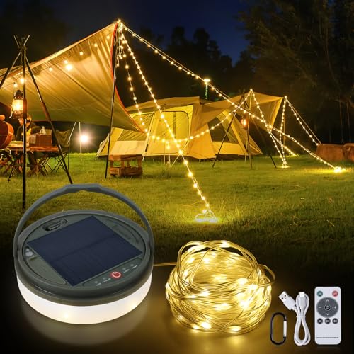 SMY Camping Lichterkette Aufrollbar, 13M 160LED Lichterkette Dimmbar mit Fernbedienung, Wiederaufladbar über Solar und USB, Tragbare Campinglampe für Zelt Camping Wandern Garten Hof Party Festival von SMY Lighting