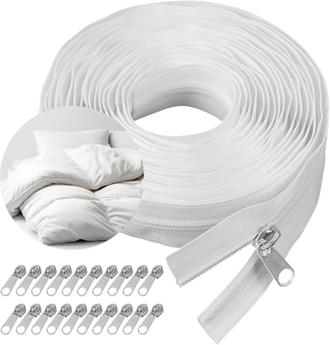 Endlos Reissverschluss mit Zipper, 5M Endlosreißverschluss mit Zipper, Reißverschluss Meterware Nylon Spiralreißverschluss für Bettwäsche Kissen Kleidung Tasche mit 20 Metall(Weiß) von SMYJDMM