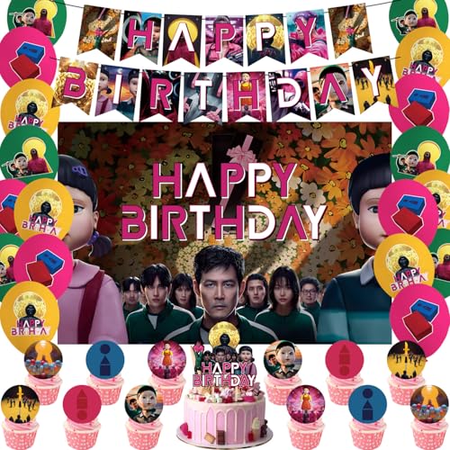 Das 33-teilige Party-Dekorationsset beinhaltet 1 x 90 x 152 cm Hintergrund, 1 x Happy Birthday-Banner, 18 x Luftballons, 1 x Tortenaufsatz und 12 x Cupcake-Topper für Partys von SNABETNA
