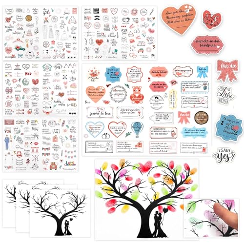 SNAIL GARDEN 9 Bögen Hochzeitssticker Set – 5x Gästebuch Aufkleber mit 266 Motiven + 4x Fingerabdruck-Baum Sticker (21x16 cm) – Weißer Hintergrund für Hochzeitsbücher, Einladungen & DIY-Deko von SNAIL GARDEN