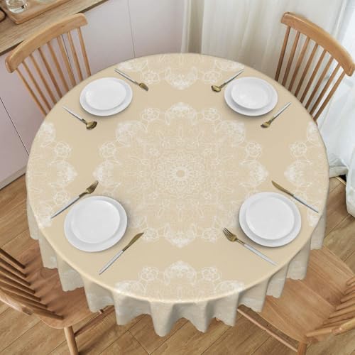 SNAIL GARDEN Runde Tischdecke 152cm (Beige) – Spülmaschinenfeste & Spritzwassergeschützte Wachstischdecke aus Polyester mit Blumen-Spitzendekor für Garten, Küche & Festliche Tischdekoration von SNAIL GARDEN