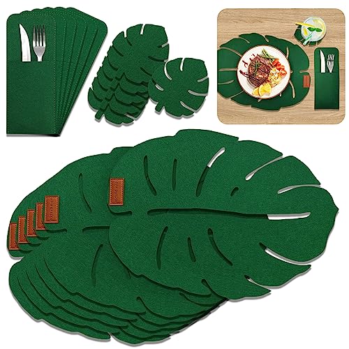 SNAILGARDEN 18er Set Monstera Design Tischsets Abwaschbar Platzsets aus Filz, 6er Platzsets, 6er Glasuntersetzer, 6er Bestecktaschen, Grün Platzdeckchen Teller Untersetzer Filzset Filzmatte von SNAIL GARDEN