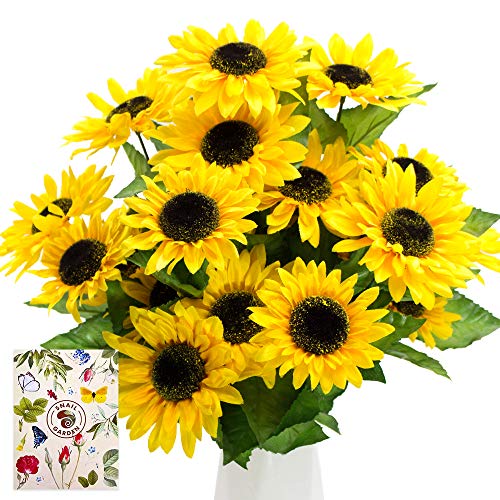 SnailGarden 2 Sträuße Künstliche Sonnenblumen, Seide Gefälschte Sonnenblumen Deko mit Grußkarte & Papiertüte,Sonnenblumen Kunstblumen Blumenstrauß für Home Tischdeko Geschenk Office Hochzeit von SNAIL GARDEN