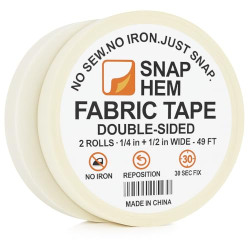SNAPHEM Temporäres Stoffband – Ohne Nähen, Ohne Bügeln, Beidseitig – 2 Rollen (1/4” & 1/2”, je 15 m) – Schnelle Saumreparatur für Kleidung, Vorhänge & DIY-Bastelarbeiten von SNAPHEM
