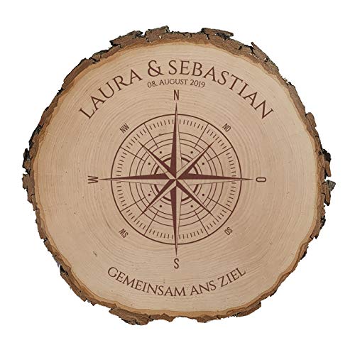 Baumscheibe mit Gravur - Liebes Kompass zur Hochzeit oder Jahrestag | Personalisiert | aus Echtholz | Koordinaten (24-27 cm Durchmesser) von SNEG