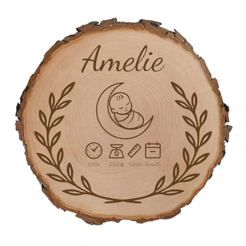 SNEG Baumscheibe mit Motiv zur Geburt inkl. personalisierter Geburtsdaten des Babys (32-35 cm Durchmesser) von SNEG