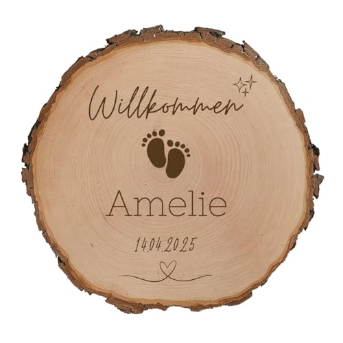 SNEG Personalisierte Baumscheibe „Willkommen Baby“ – Geschenk zur Geburt mit Namen & Geburtsdatum (ca. 32-35 cm Durchmesser) von SNEG