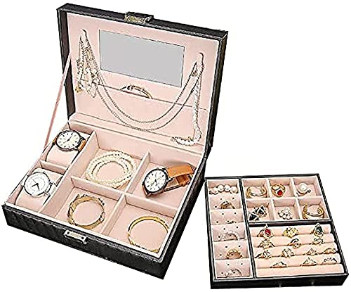 SNHHNSW Schmuckschachtel, Stauraum auf 2 Level, Schmuckschatulle mit Spiegel, PU -Schmuckschatulle, für Ringe, Ohrringe, Halsketten und Uhr von SNHHNSW