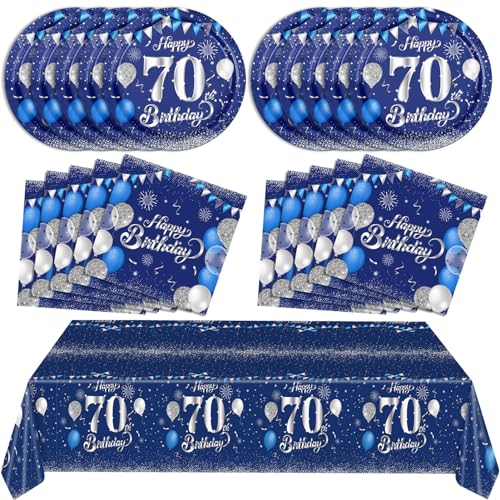 Blue 70th Birthday Decorations for Men Navy Blue Silver Happy 70th Birthday Tableware Set Include Happy 70th Birthday Plates Napkins Tablecloth for 70th Birthday Anniversary Party Decorations Supplies von SNIMICS
