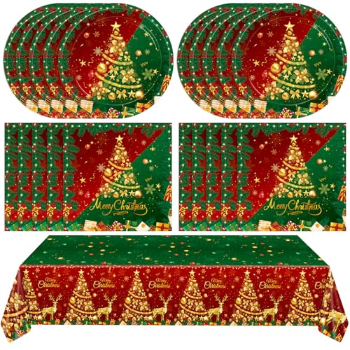 Weihnachtsparty-Zubehör, Frohe Weihnachten, Dessert-Pappteller, Servietten und Kunststoff-Tischdecken, Geschirr-Set für Feiertage, Weihnachten, Party, Dekorationen, Tische, Dekoration, Gastgeschenke von SNIMICS