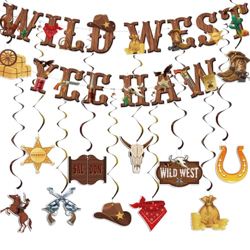 SNOMEL Khaki Western Cowboy Party Dekorationen, Wild West Banner Yee Haw Banner mit hängenden Wirbeln Rodeo Western Party Dekor Deckenschlangen für Jungen Geburtstag Supplies Photo Booth Requisiten von SNOMEL