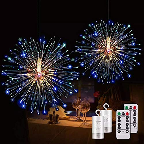 SNOMYRS 2 Stück Feuerwerk-Lichter mit 200 LEDs, Starburst-Licht mit Fernbedienung, für Hinterhof, Terrasse, Baumzaun-Dekoration (mehrfarbig) von SNOMYRS