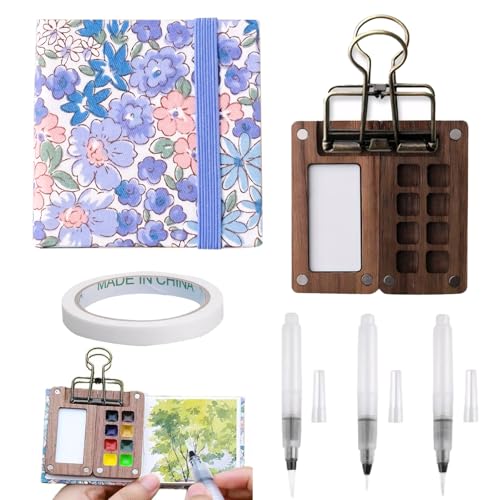 SNONESIY Portable Skizzenbuch Palette Set, Mini Aquarell Travel Set, Enthält 1 Palette, 1 Zeichenbuch, 3 Zeichenstifte und 1 Kreppband, Geeignet für Maler, Künstler und Studenten von SNONESIY