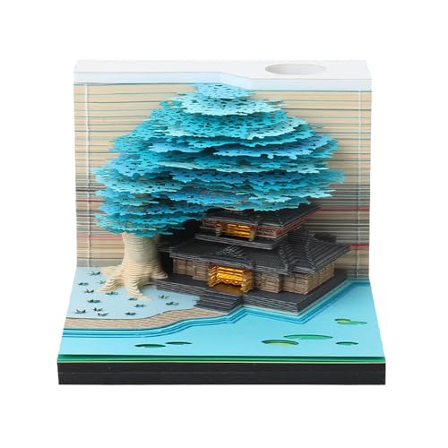 Schreibtischkalender mit Lichtern, 2024 Schreibtisch Kalender 3D Memo Pad Papier Kunst Sakura Baum Kreative 3D Notizblock Papier Schnitzen Geschenk Desktop Home Dekoration Geschenk (Blauw) von SNONRDO