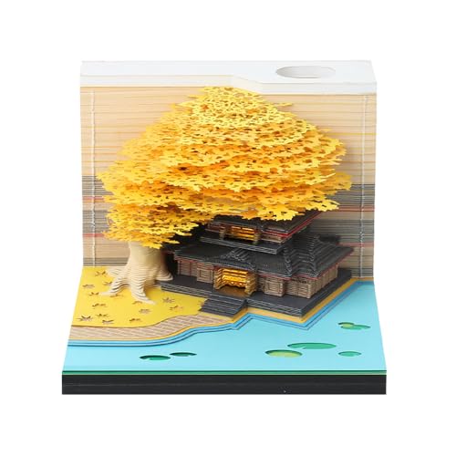 Schreibtischkalender mit Lichtern, 2024 Schreibtisch Kalender 3D Memo Pad Papier Kunst Sakura Baum Kreative 3D Notizblock Papier Schnitzen Geschenk Desktop Home Dekoration Geschenk (Geel) von SNONRDO