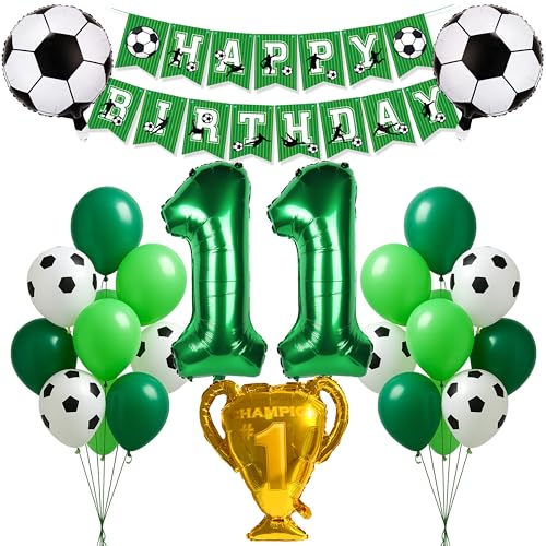 Fußball Geburtstag Deko Set für Kinder Junge Mädchen Zahl 11 grün Folienballon Pokal Trophäe Folienballon Happy Birthday Girlande Banner Fußball Luftballons Latex Helium 11 Jahre Kindergeburtstag von SNOWZAN