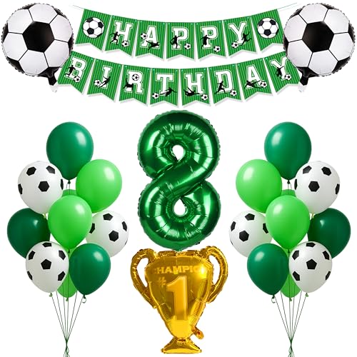 Fußball Geburtstag Deko Set für Kinder Junge Mädchen Zahl 8 grün Folienballon Pokal Trophäe Folienballon Happy Birthday Girlande Banner Fußball Luftballons Latex Helium 8 Jahre Kindergeburtstag von SNOWZAN