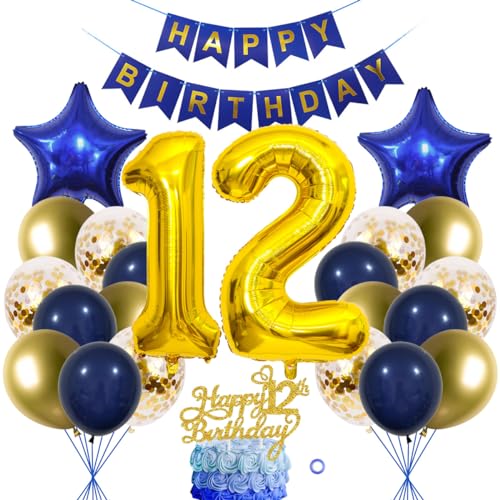 SNOWZAN 12. Geburtstag Deko Junge Mädchen Ballon Marinebla Gold Tortendeko Luftballon Happy Birthday Banner Für Party von SNOWZAN