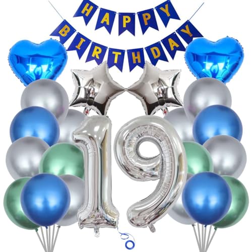 SNOWZAN 23 Stück Deko 19. Geburtstag Junge Blau Silber Set - Luftballon, Happy Birthday Girlande, Ballon - Partydeko für 19 Jahre SNOWZAN 23 Stück Deko 19. Geburtstag Junge Blau Silber Set - Luftballon, Happy Birthday Girlande, Ballon - Partydeko für 19 Jahre von SNOWZAN