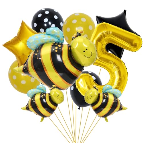 SNOWZAN Bienen Geburtstagsdeko 5. Geburtstag Mädchen Junge Biene Deko Luftballons Biene 5 Jahre Geburtstag Deko Gelb Bienen Folienballon Zahlen Ballon Zahl 5 Für Biene Kinder Geburtstag Bee Party von SNOWZAN