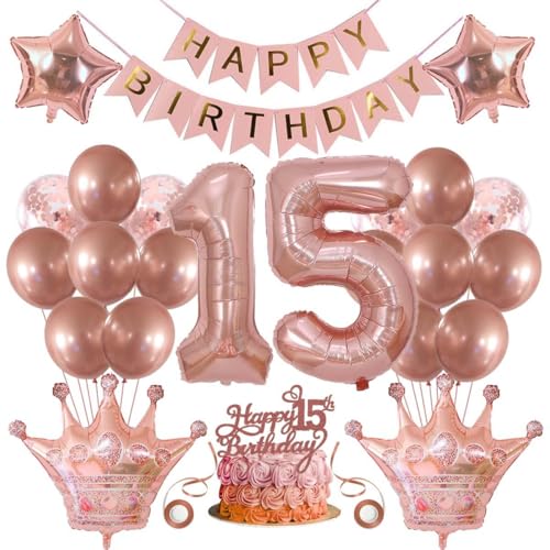 SNOWZAN Deko 15 Geburtstag Mädchen Partydeko Geburtstagsdeko Luftballons 15.geburtstag Deko Mädchen Rosegold Tortendeko 15.geburtstagsdeko 15 Mädchen 15 Jahre Geburtstag Deko Happy Birthday Banner von SNOWZAN