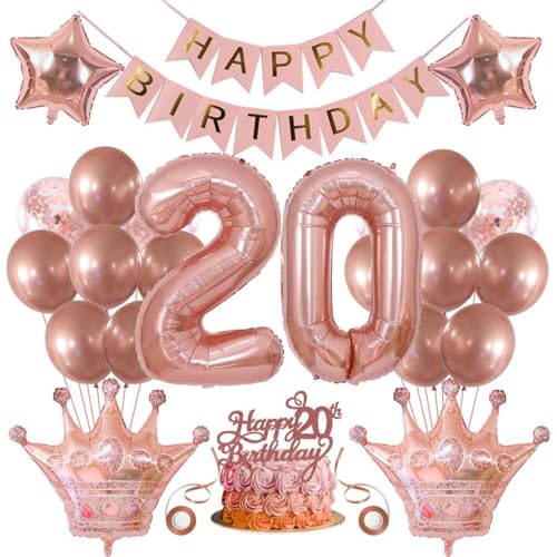 SNOWZAN Deko 20 Geburtstag Mädchen Partydeko Geburtstagsdeko Luftballons 20.geburtstag Deko Mädchen Rosegold Tortendeko 20.geburtstagsdeko 20 Mädchen 20 Jahre Geburtstag Deko Happy Birthday Banner von SNOWZAN