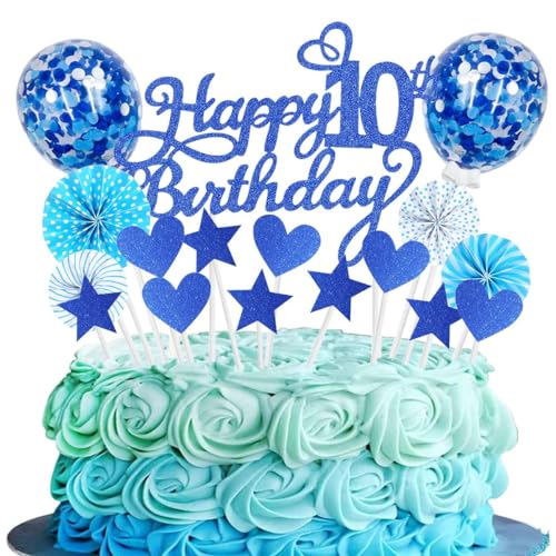 SNOWZAN Happy 10th Birthday Tortendeko NavyBlau 10 Jahre Mädchen Jungen Kuchendeko 10.geburtstag Cake Topper Tortendeko 10 Geburtstag Mädchen Tortendeko Rosa Stern Herz Für 10. Geburtstag Kuchen Deko von SNOWZAN