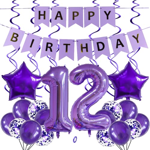 SNOWZAN Luftballons 12. Geburtstag Dekoration Lila 32 Zoll Riesen Zahlen Ballons,Latex Folienballons 25 Stück von SNOWZAN