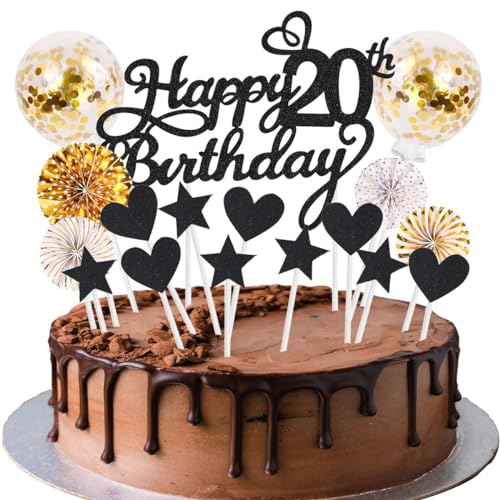 SNOWZAN Tortendeko 20 Geburtstag Schwarz Gold Kuchen Topper Happy 20 Birthday Cake Topper 20 Kuchendeko Geburtstag Kuchen Deko 20 Geburtstag Junge Tortendeko 20 Geburtstag Mädchen 20.geburtstag Männer von SNOWZAN