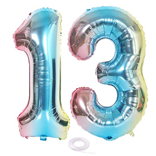 SNOWZAN XL Zahlen Ballon Nummer 13.Luftballon Regenbogen Mädchen Junge Luftballons Zahl 13.Geburtstag Deko Blau Rose Bunt Schillernde 13 Jahre FolienBallon 32 zoll Riesen Helium Happy Birthday Party von SNOWZAN