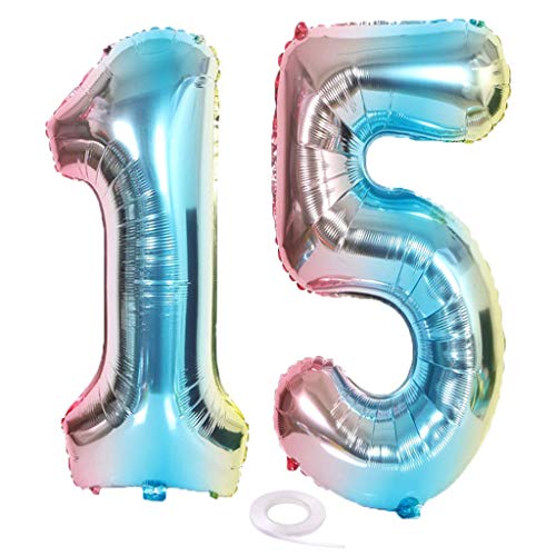 SNOWZAN XL Zahlen Ballon Nummer 15.Luftballon Regenbogen Mädchen Junge Luftballons Zahl 15.Geburtstag Deko Blau Rose Bunt Schillernde 15 Jahre FolienBallon 32 zoll Riesen Helium Happy Birthday Party von SNOWZAN