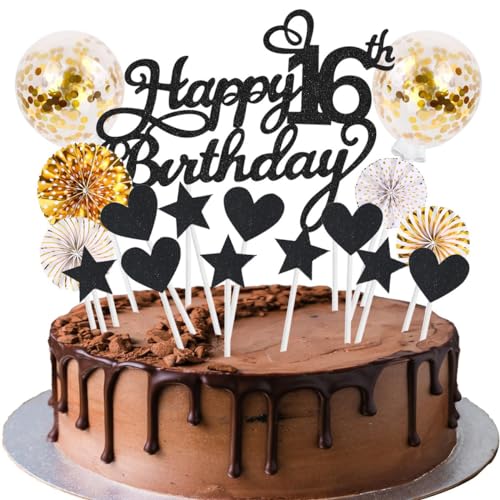 Tortendeko 16 Geburtstag Schwarz Gold Mädchen Junge 16 Jahre Geburtstag Kuchen Deko Happy Birthday 16 Glitter Cake Topper 16.kuchendeko Geburtstag Happy 16th Birthday Tortendeko 16 Geburtstag Mädchen von SNOWZAN