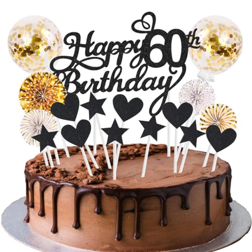 Tortendeko Happy Birthday Kuchendeko Schwarz Gold 60 Geburtstag für Frauen Männer Glitter Cake Topper Tortendeko Happy Birthday Kuchendeko Schwarz Gold 60 Geburtstag für Frauen Männer Glitter Cake Topper von SNOWZAN