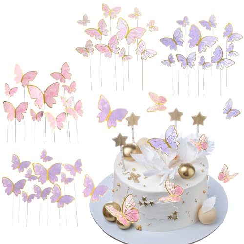 80 Stück Schmetterling Tortendeko, Schmetterling Kuchen Deko Cupcake Topper Muffin Deko Tortenaufleger Mädchen für Geburtstagsfeier Hochzeit Dekoration (Rosa, Lila) von SNSYGN