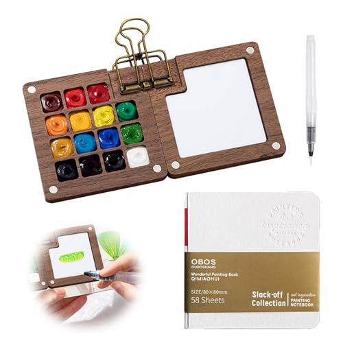 Mini Aquarell Set, 15 Grids Holz Mini Palette Aquarellkasten Leer Malpalette Binder-Clips Pinsel Skizzenbuch für Maler, Künstler, Studenten Mini Aquarell Set, 15 Grids Holz Mini Palette Aquarellkasten Leer Malpalette Binder-Clips Pinsel Skizzenbuch für Maler, Künstler, Studenten von SNSYGN