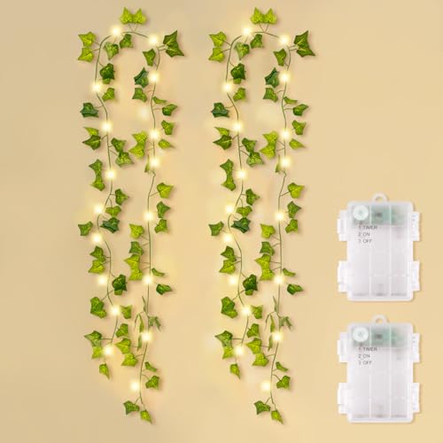 SOAIY 2er-Set Led Efeu Lichterkette 2M warmweiß 20LEDs batteriebetrieben Lichterkette mit Timer Efeu Girlande Lichterkette Innen Deko für Schlafzimmer Gärten Balkon Terrasse Weihnachtsdekoration von SOAIY