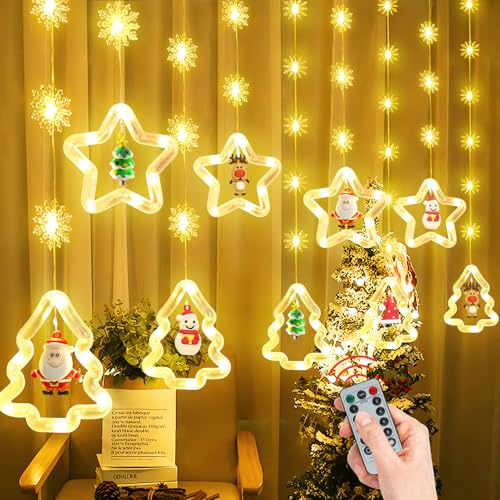 SOARFLY Lichterkette Weihnachten Fenster Lichterkettenvorhang Fenster Weihnachtsdeko mit 8 Modi Fernbedienung, 3M 120 LED Weihnachtsbeleuchtung Lichterkette für Weihnachten Deko, Warmweiß von SOARFLY