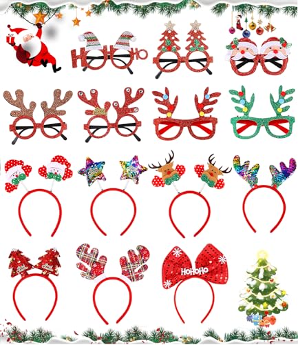 SOBEAU 14 Stück Brillen Haarreif Weihnachten,Weihnachtsbrillen Partybrillen Spassbrillen Weihnachten Rentier Kostüm Stirnbänder Tannenbaum & Weihnachtsmann Kopfbedeckung von SOBEAU