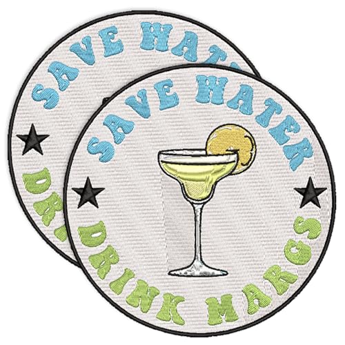 SODAVA Aufnäher mit Aufschrift "Save Water Drink Margs", lustiger Margarita-Aufnäher zum Aufbügeln, bestickt, für Jacken, Taschen, Hüte, runde Sommer-Applikation, Heißpressen oder Aufnähen, 2 Stück SODAVA Aufnäher mit Aufschrift "Save Water Drink Margs", lustiger Margarita-Aufnäher zum Aufbügeln, bestickt, für Jacken, Taschen, Hüte, runde Sommer-Applikation, Heißpressen oder Aufnähen, 2 Stück von SODAVA