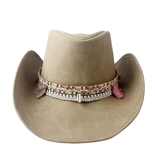 SOENS Vintage Damen Cowboyhut aus Leder mit breiter Krempe, Cowgirl-Westernhut mit Quastengeflecht-Lederband SOENS Vintage Damen Cowboyhut aus Leder mit breiter Krempe, Cowgirl-Westernhut mit Quastengeflecht-Lederband von SOENS