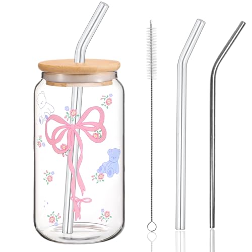 Bow Glasbecher, 500ml Trinkgläser mit Deckel und Strohhalm, Glas mit Bow Aesthetic Pink Stuff, Elegantes Geschenk für Beste Freundin, Trinkbecher für Eiskaffee Bubble Tee Smoothie Matcha Cocktail von SOETDERT