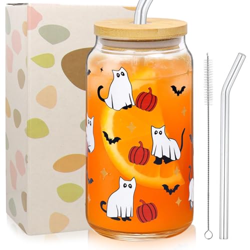 Halloween Gläser, 500ml Trinkbecher mit Deckel und Strohhalm, Helloween Geist Katzen Eiskaffeetasse, Kürbis Glas, Kaffee Glasbecher, Glas Tasse Halloween Frauen Geschenke Freunde Halloween Gläser, 500ml Trinkbecher mit Deckel und Strohhalm, Helloween Geist Katzen Eiskaffeetasse, Kürbis Glas, Kaffee Glasbecher, Glas Tasse Halloween Frauen Geschenke Freunde von SOETDERT