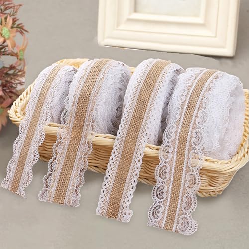 Juteband mit Spitze, 4 Roll Vintage Juteband Natur, Jute Sackleinen Band Spitzenband Weiß Geschenke Deko für Hochzeit Weihnachten Dekoband, DIY Bastelbedarf Geschenkband (4 roll) von SOETDERT