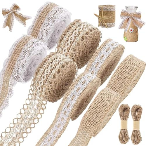 Juteband mit Spitze, 8 Roll Vintage Juteband Natur, Jute Sackleinen Band Spitzenband Weiß mit 2 Juteseil, Geschenke Deko für Hochzeit Weihnachten Dekoband, DIY Bastelbedarf von SOETDERT