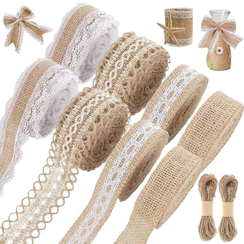 Juteband mit Spitze, 8 Roll Vintage Juteband Natur, Jute Sackleinen Band Spitzenband Weiß mit 2 Juteseil, Geschenke Deko für Hochzeit Weihnachten Dekoband, DIY Bastelbedarf (8+2) von SOETDERT