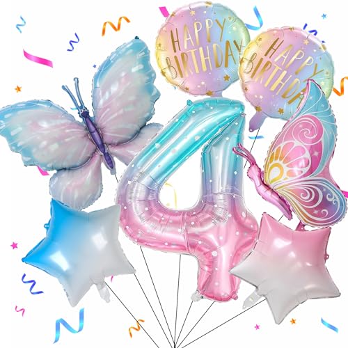 4 Jahre Schmetterling Geburtstag Deko, Schmetterling Folienballon 4 Jahre, Bunt Schmetterlinge Geburtstagsdeko Mädchen, Zahl 4 Luftballon für Kinder Geburtstag Mädchen Deko von SOETDERT