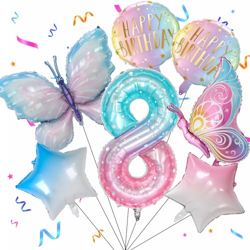 8 Jahre Schmetterling Geburtstag Deko, Schmetterling Folienballon 8 Jahre, Bunt Schmetterlinge Geburtstagsdeko Mädchen, Zahl 8 Luftballon Set für Kinder Geburtstag Mädchen Deko von SOETDERT