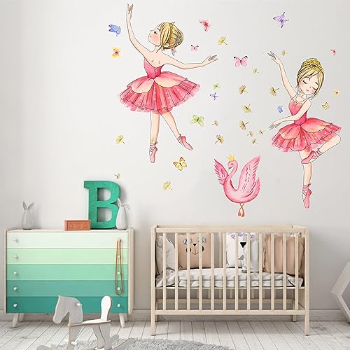 Baby Mädchen Wandaufkleber, Ballett tanzendes Mädchen Wandtattoo Abziehen und Aufkleben Schmetterling Wandsticker, Ballett Mädchen Wandtattoos für Schlafzimmer Kinderzimmer Tanzzimmer (Rot) von SOEWIOU