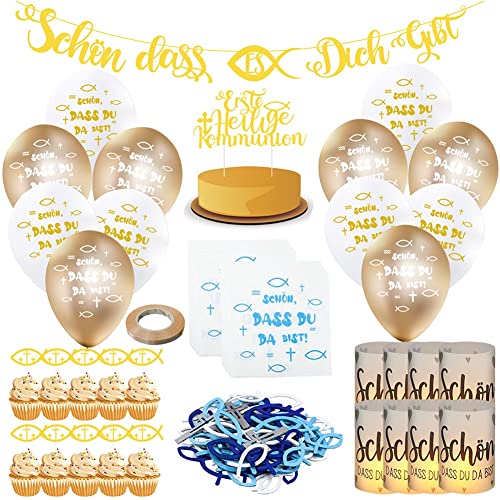Kommunion Deko, 153 Stück Konfirmation Taufe Deko Tischdeko Kommunion, 8 Windlicht Herz + 20 Servietten + 100 Holz Fische Deko + 12 Luftballons, Erstkommunion Deko für Servietten Taufdeko (Gold-Grau) Kommunion Deko, 153 Stück Konfirmation Taufe Deko Tischdeko Kommunion, 8 Windlicht Herz + 20 Servietten + 100 Holz Fische Deko + 12 Luftballons, Erstkommunion Deko für Servietten Taufdeko (Gold-Grau) von SOEWIOU