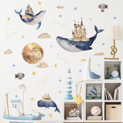 Wandtattoo, Motiv: Walschloss, große Wale Delfine, Stern, Mond, Wandaufkleber, zum Abziehen und Aufkleben, für Schlafzimmer, Kinderzimmer, Babyzimmer Wandtattoo, Motiv: Walschloss, große Wale Delfine, Stern, Mond, Wandaufkleber, zum Abziehen und Aufkleben, für Schlafzimmer, Kinderzimmer, Babyzimmer von SOEWIOU